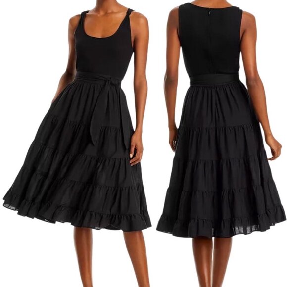 Paige Samosa Ribbed Knit Mixed Media Tiered A-Line Midi Dress in Black Size S - Picture 1 of 15